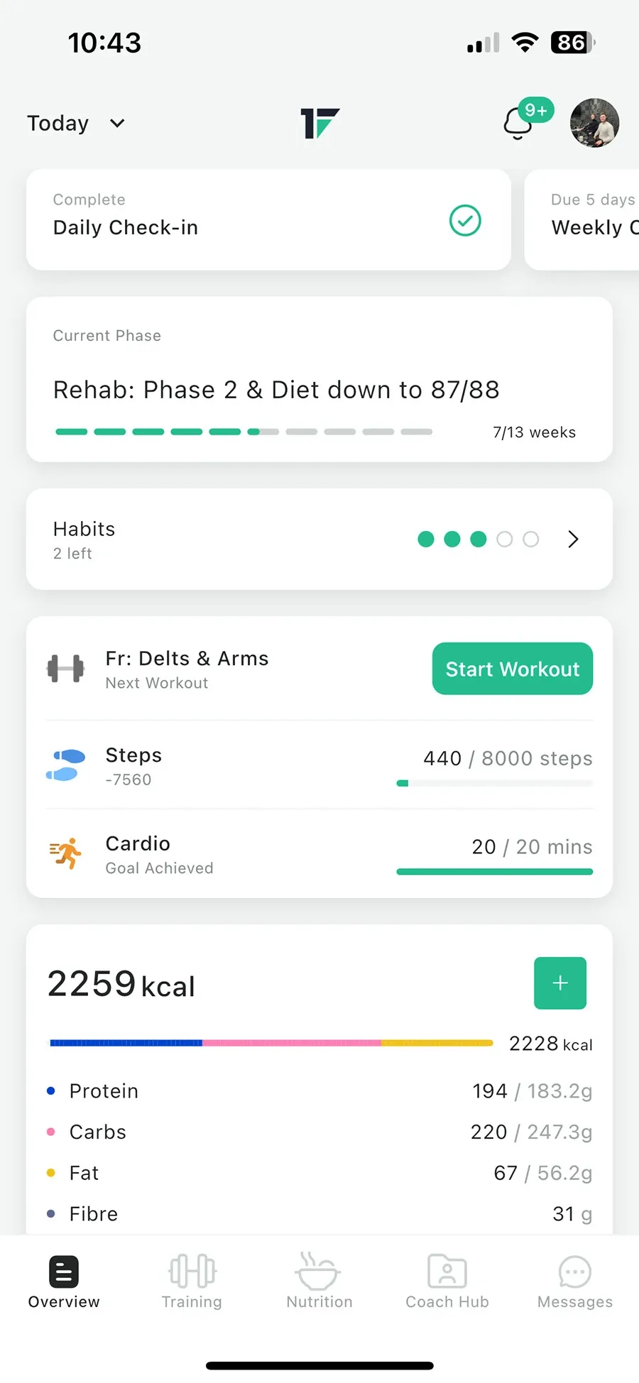 The redesigned iOS client app, showing daily logging for sleep, meals, calories and workouts on a single screen.