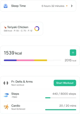 Logging cards from the design system — sleep duration, a logged meal with macros, a calorie ring against target, and the next workout with steps and cardio progress.